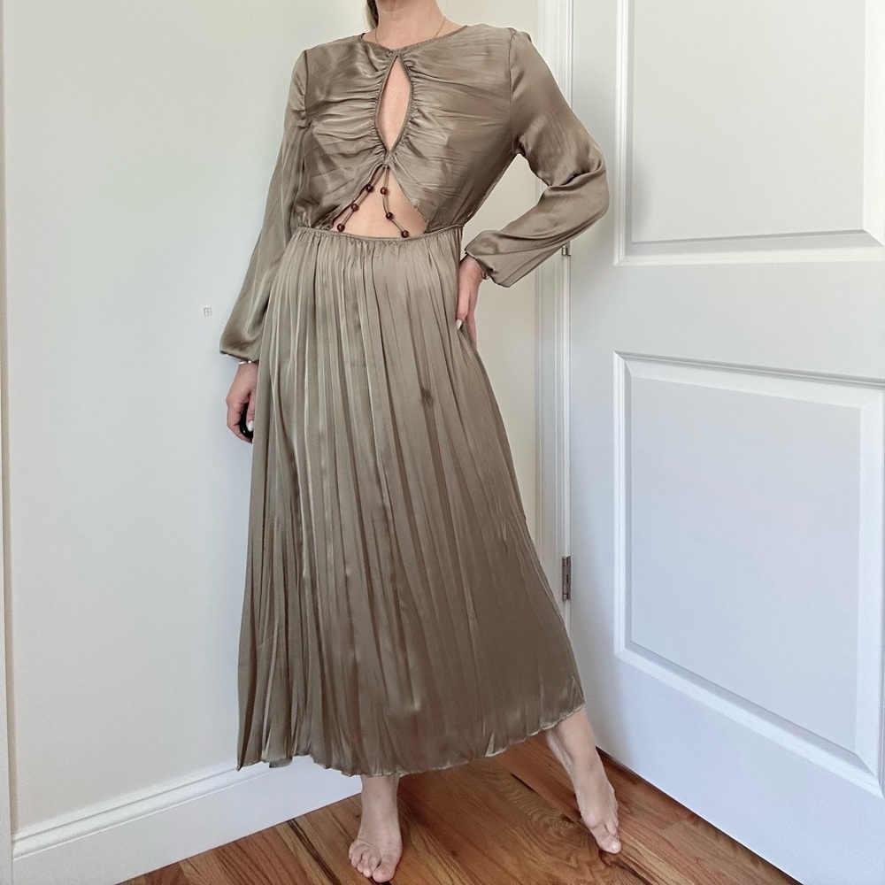Zara Crinkle Satin Cut Out Long Sleeve Dress